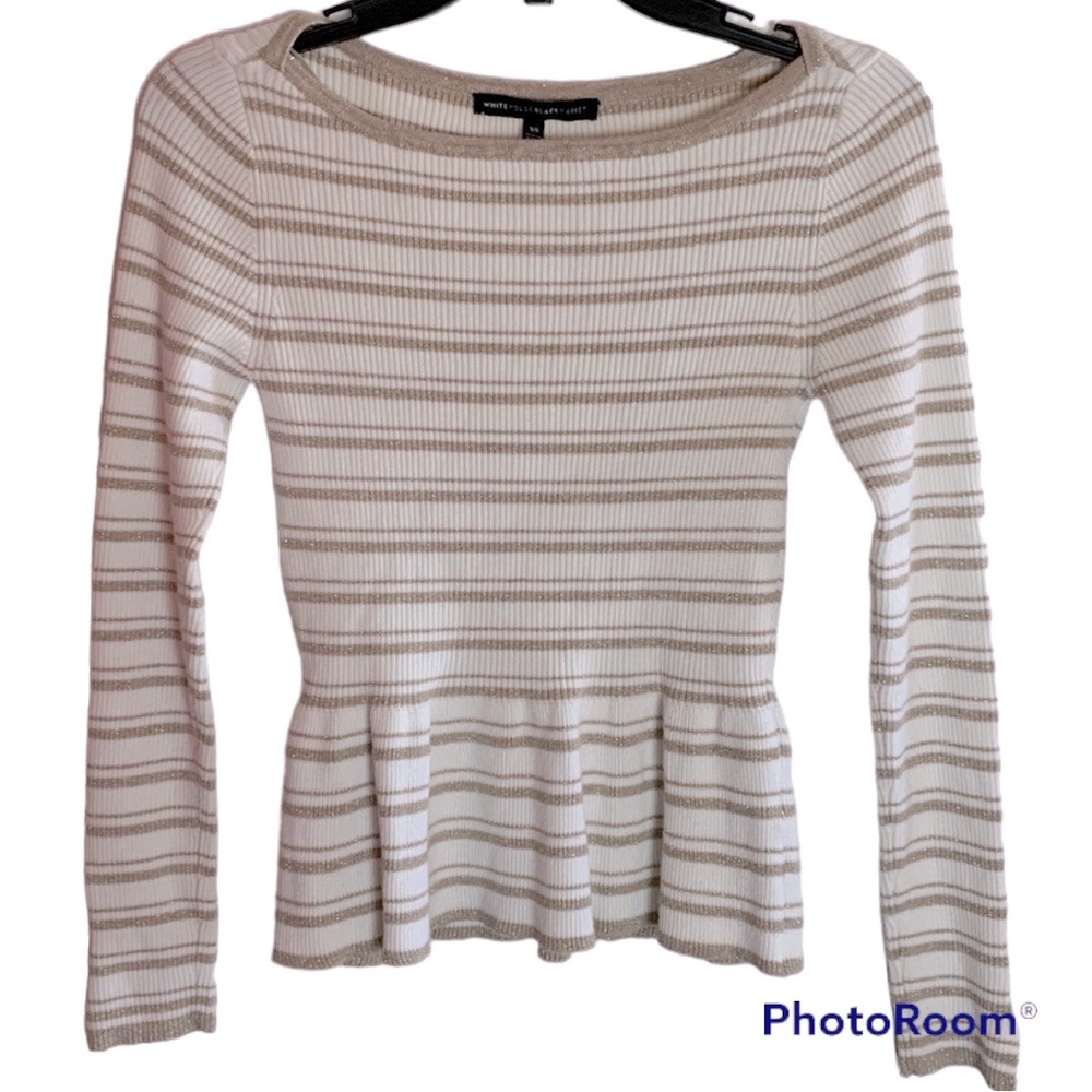 WHBM Boatneck Metallic Stripe Peplum Sweater Top XS